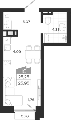 Планировка студия 25.25 м² в ЖК «Ясный Берег»