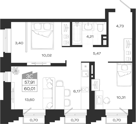 Планировка 3е-к. квартира 58.31 м² в ЖК «Ясный Берег»