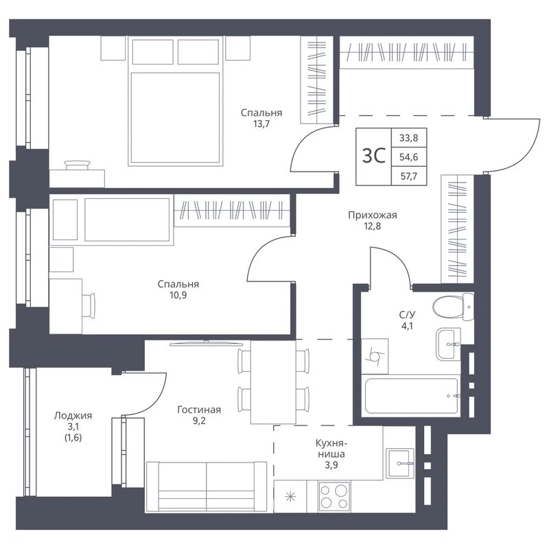 Планировка 3е-к.кв 54.60 м² в ЖК «Фора»