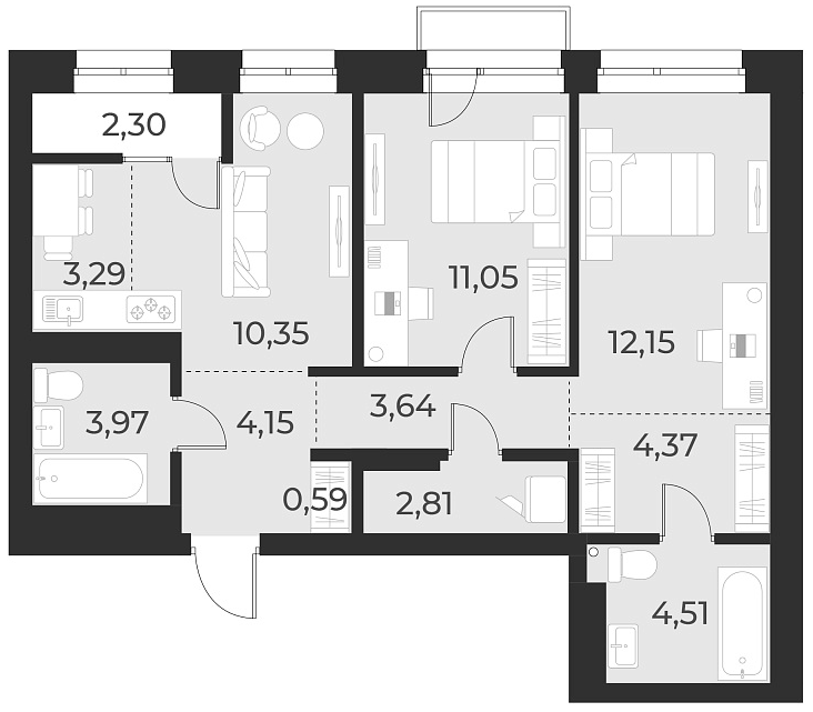 Планировка 3е-к. квартира 60.90 м² в ЖК «Русское солнце»