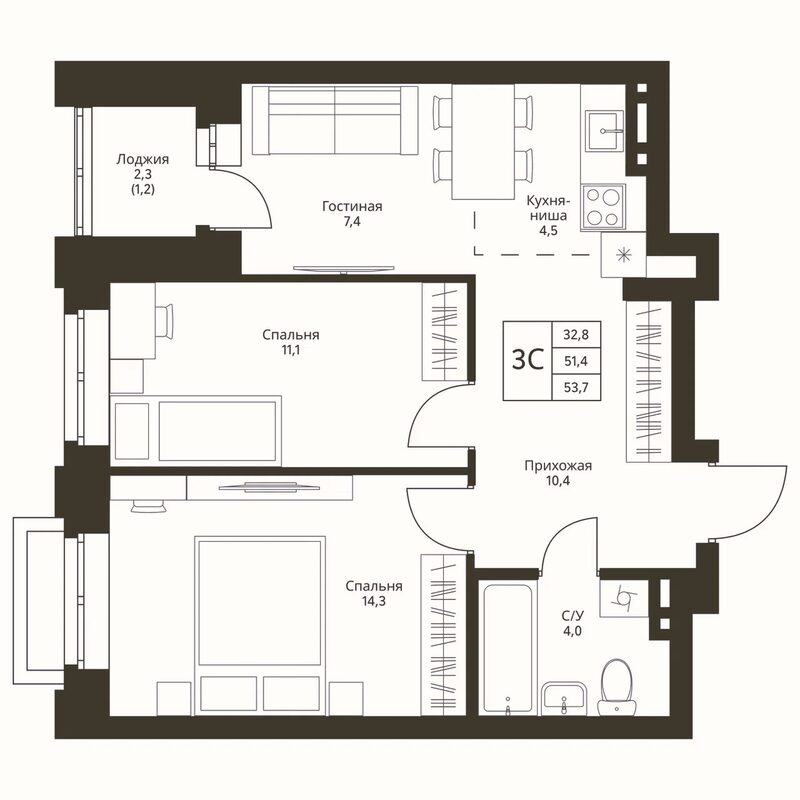 Планировка 3е-к.кв 51.40 м² в ЖК «Фора»