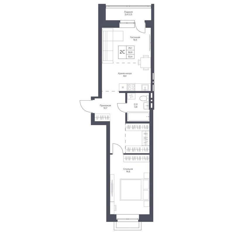Планировка 2е-к.кв 50.00 м² в ЖК «Фора»