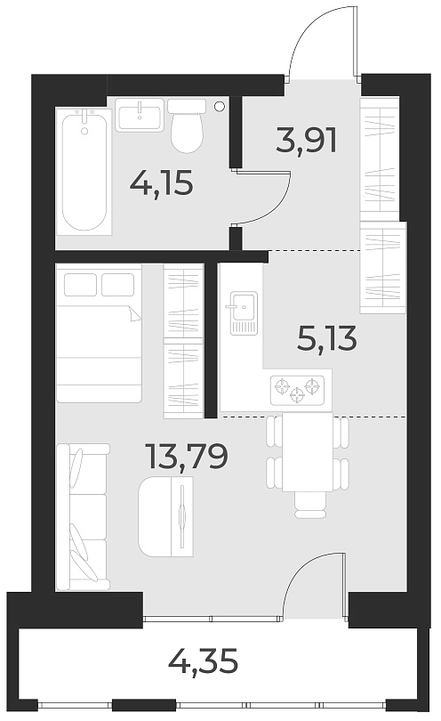 Планировка студии 27.00 м² в ЖК «Русское солнце»