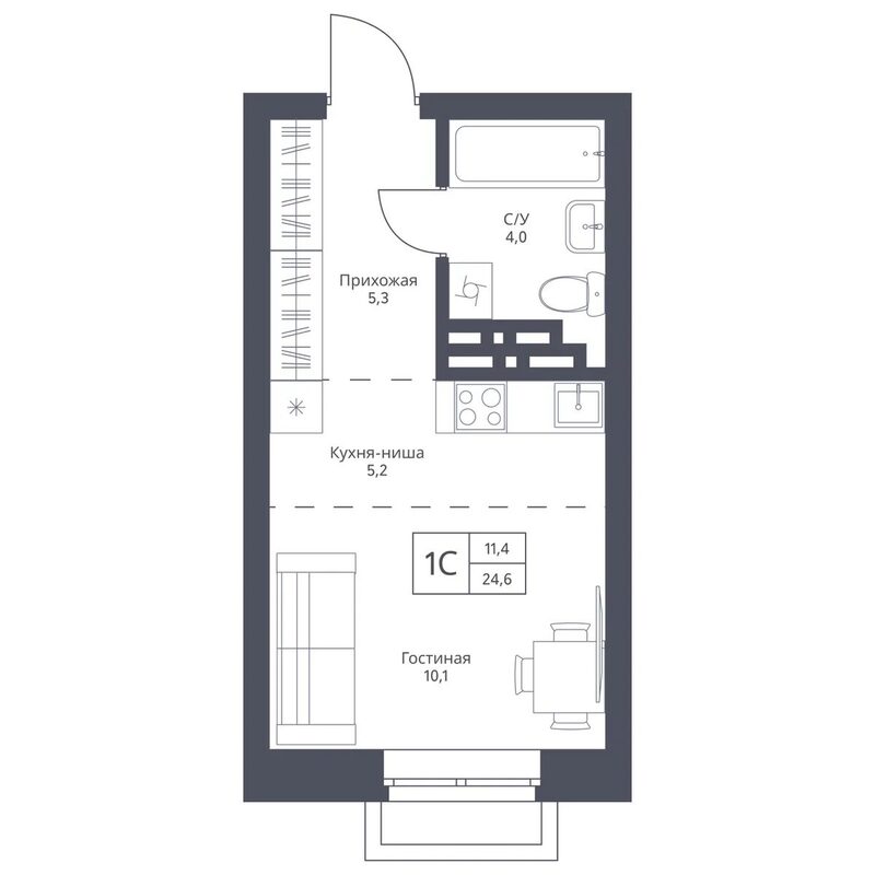 Планировка студии 24.60 м² в ЖК «Фора»