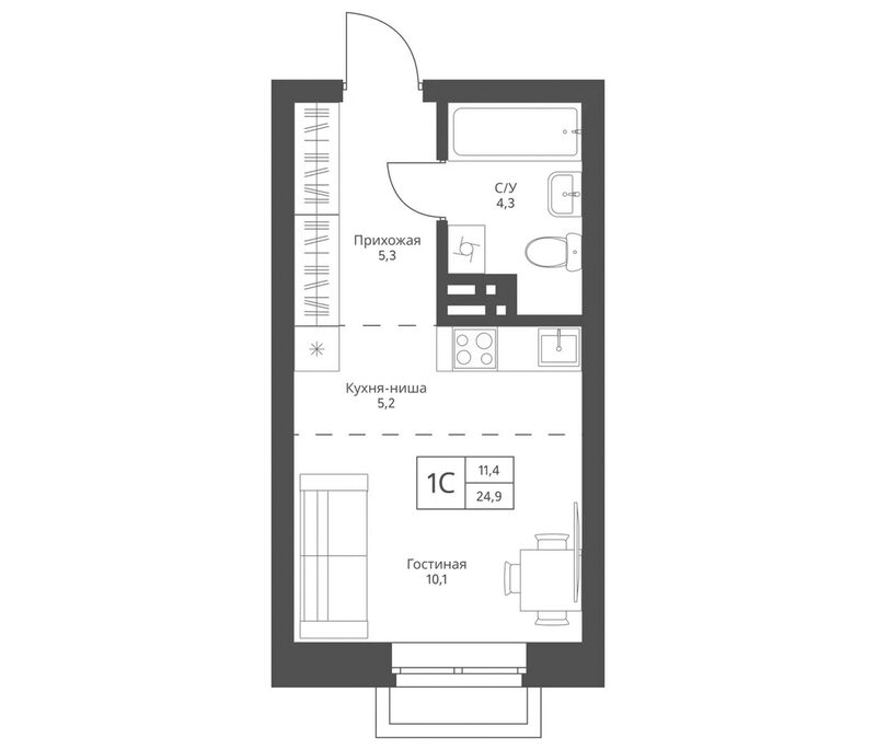 Планировка студии 24.90 м² в ЖК «Фора»