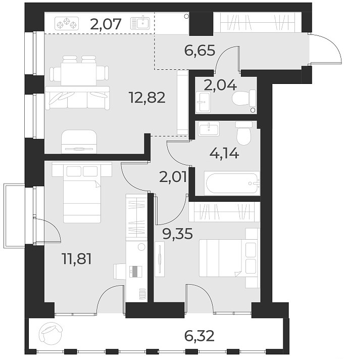 Планировка 3е-к. квартира 50.90 м² в ЖК «Русское солнце»
