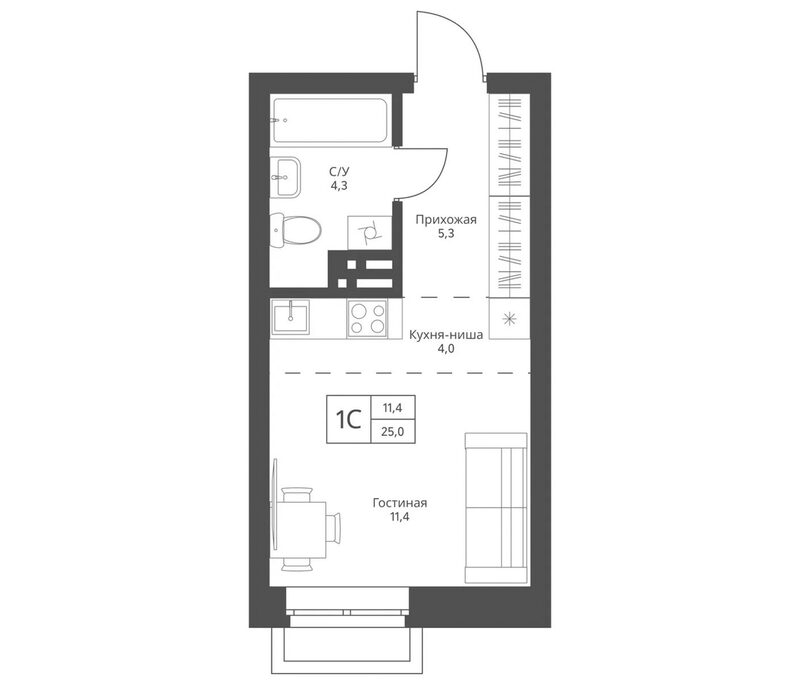 Планировка студии 25.00 м² в ЖК «Фора»