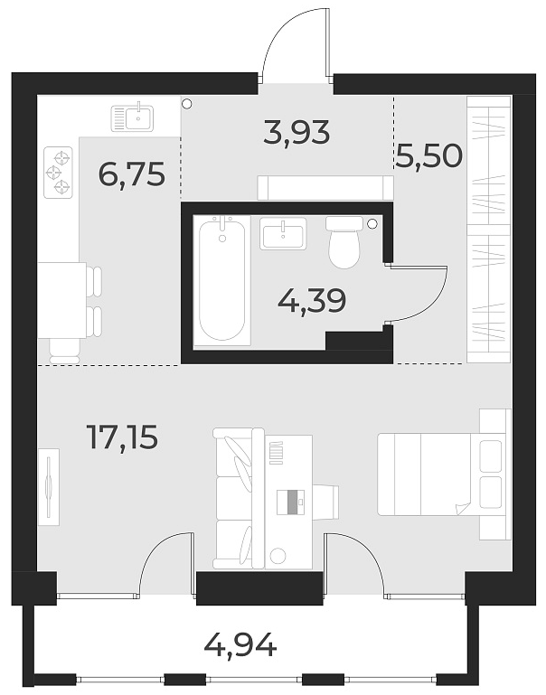 Планировка студии 37.70 м² в ЖК «Русское солнце»