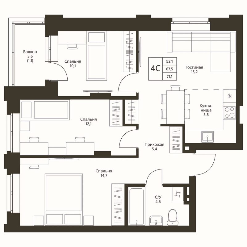 Планировка 4е-к.кв 67.50 м² в ЖК «Фора»