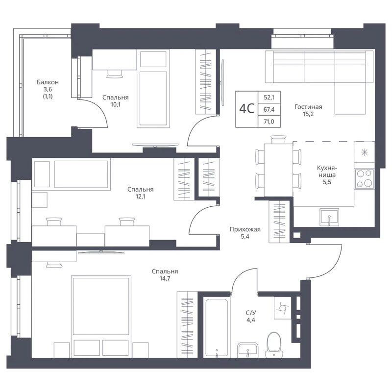Планировка 4е-к.кв 67.40 м² в ЖК «Фора»