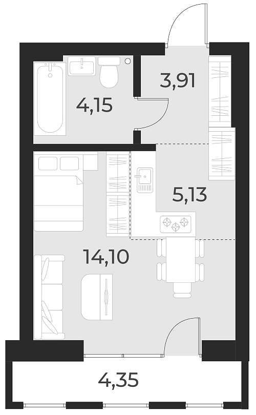 Планировка студия 27.30 м² в ЖК «Русское солнце»