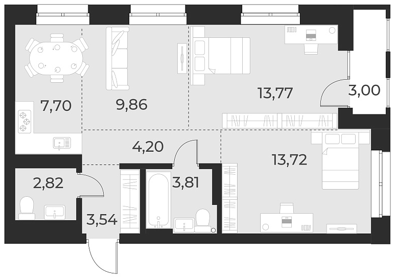 Планировка 3е-к. квартира 59.40 м² в ЖК «Русское солнце»