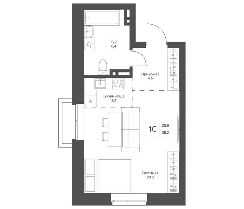 Планировка студии 35.20 м² в ЖК «Фора»