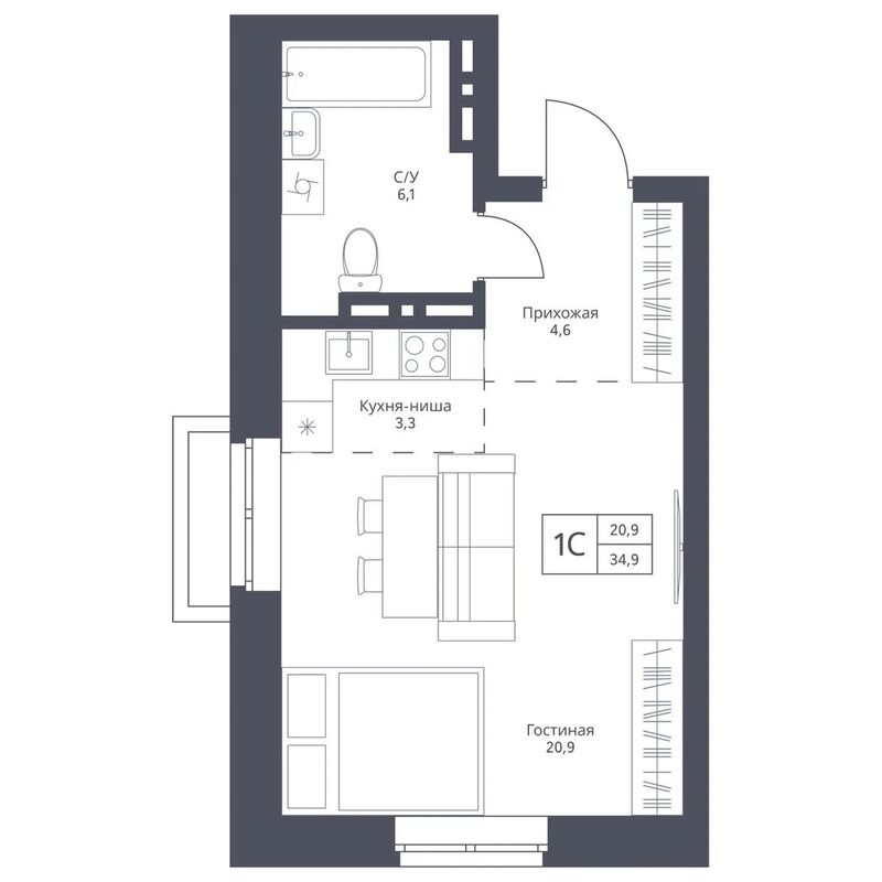 Планировка студии 34.90 м² в ЖК «Фора»