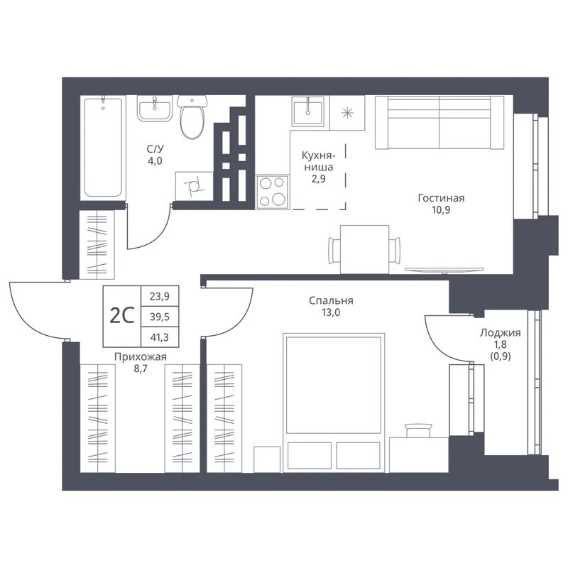 Планировка 2е-к.кв 39.50 м² в ЖК «Фора»