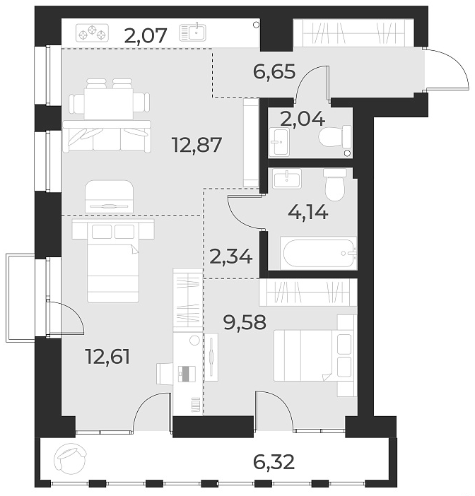 Планировка 3е-к. квартира 52.30 м² в ЖК «Русское солнце»