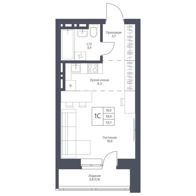 Планировка студии 29.90 м² в ЖК «Фора»
