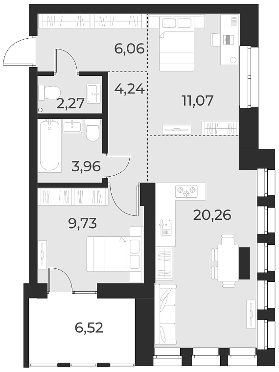 Планировка 2-к. квартира 57.60 м² в ЖК «Русское солнце»