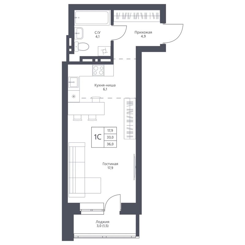 Планировка студии 33.00 м² в ЖК «Фора»