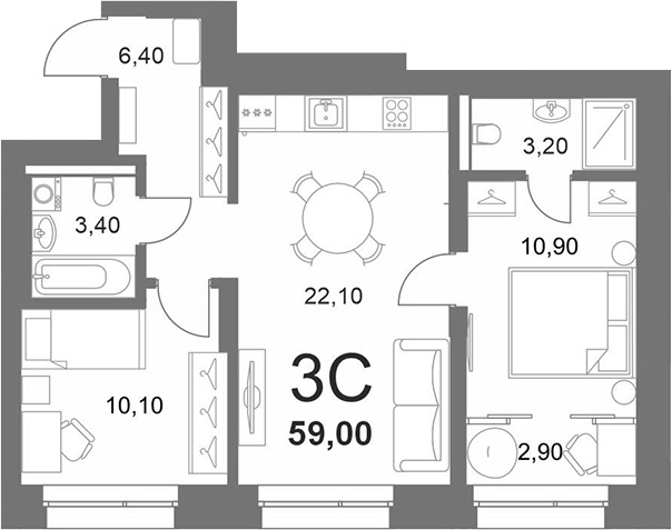 Планировка 3е-к.кв 58.45 м² в ЖК «LEMONT»