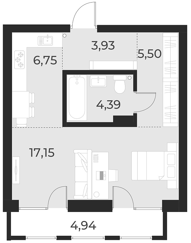 Планировка студии 37.70 м² в ЖК «Русское солнце»
