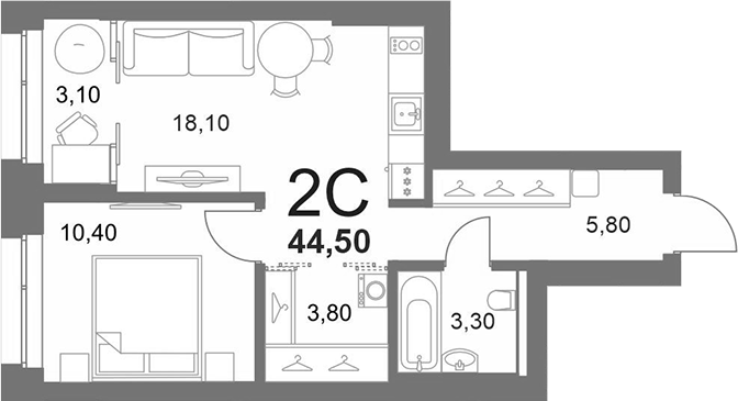 Планировка 2е-к.кв 43.45 м² в ЖК «LEMONT»