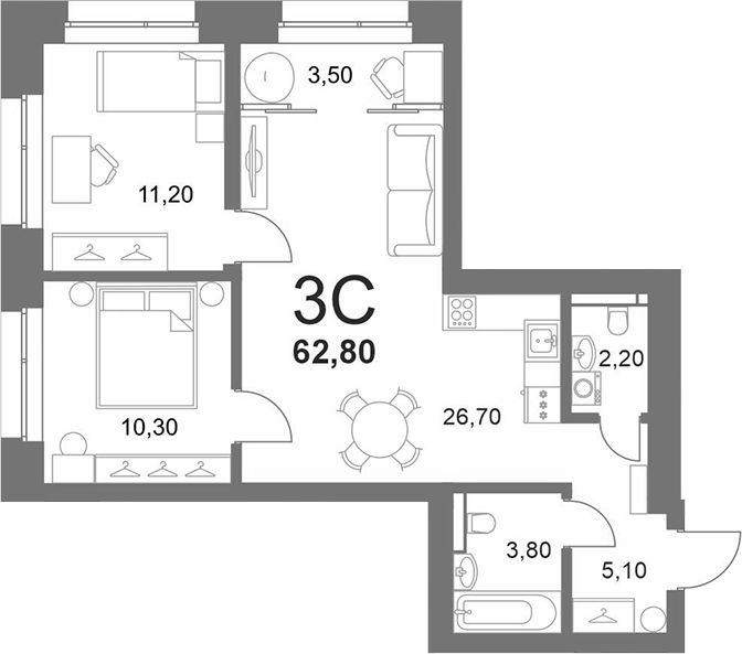 Планировка 3е-к.кв 61.65 м² в ЖК «LEMONT»