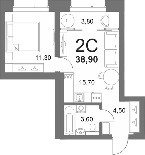 Планировка 2е-к.кв 37.40 м² в ЖК «LEMONT»