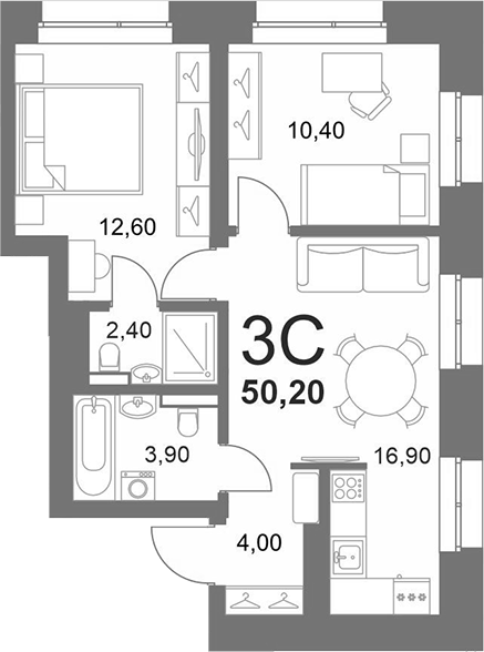Планировка 3е-к.кв 50.60 м² в ЖК «LEMONT»