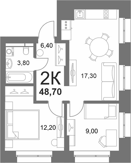 Планировка 2-к.кв 48.70 м² в ЖК «LEMONT»
