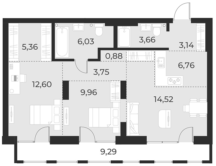 Планировка 3е-к. квартира 66.70 м² в ЖК «Русское солнце»