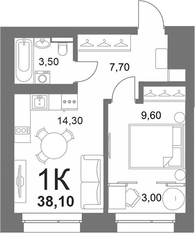 Планировка 1-к.кв 36.60 м² в ЖК «LEMONT»