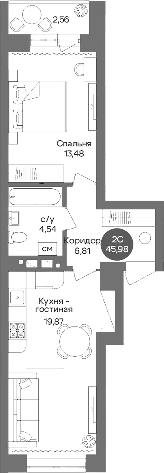 Планировка 2е-к.кв 44.70 м² в ЖК «Квартал на Российской»