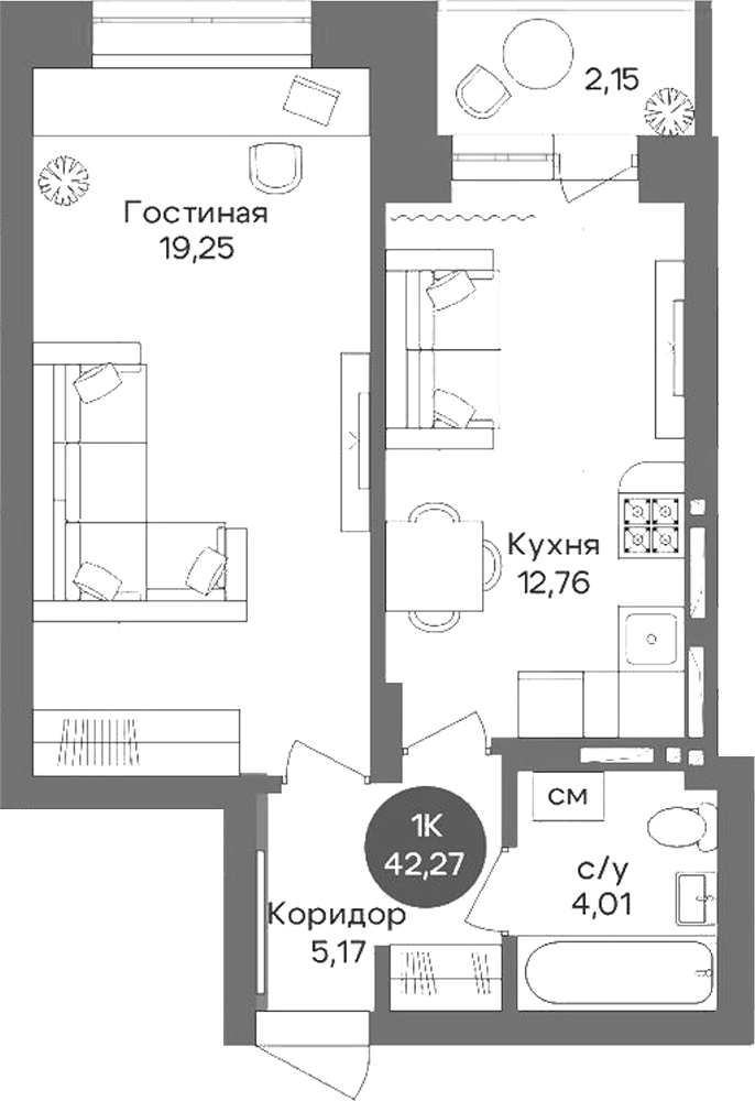 Планировка 1-к.кв 41.19 м² в ЖК «Квартал на Российской»