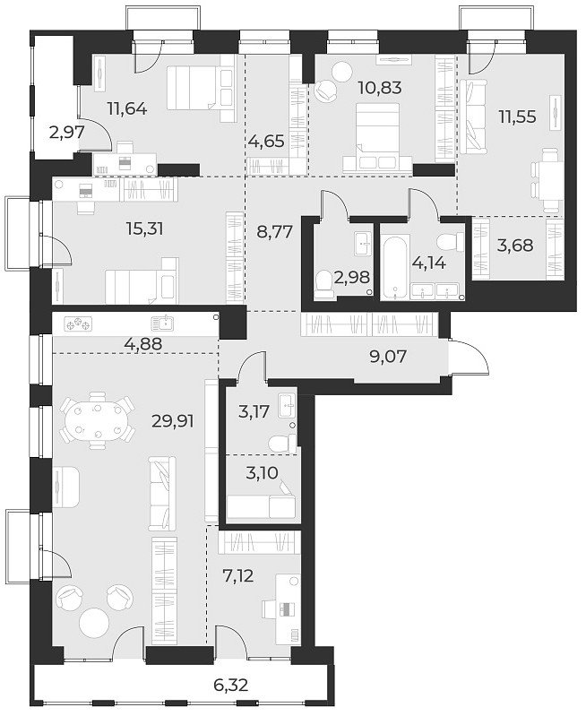 Планировка 5е-к. квартира 130.80 м² в ЖК «Русское солнце»