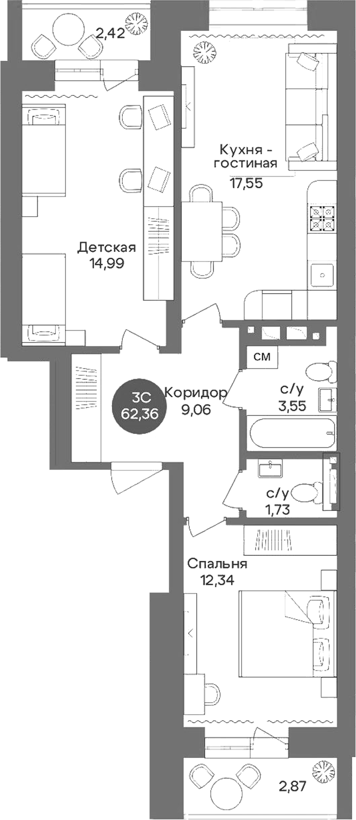 Планировка 3е-к.кв 59.71 м² в ЖК «Квартал на Российской»