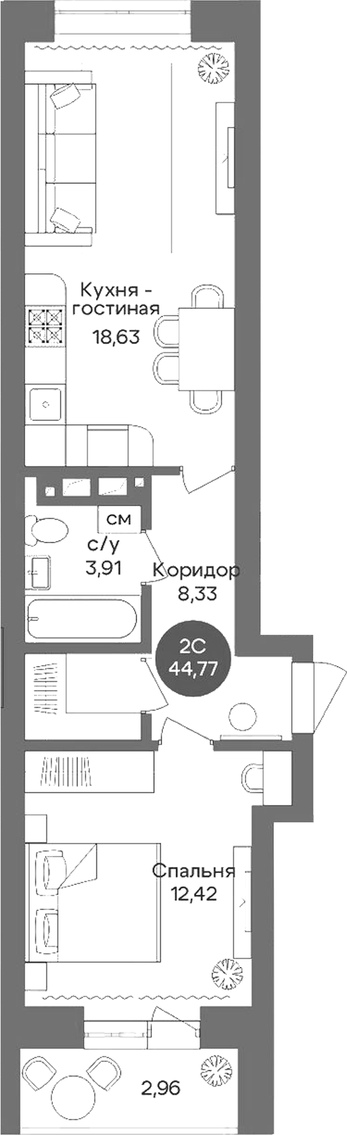 Планировка 2е-к.кв 43.29 м² в ЖК «Квартал на Российской»