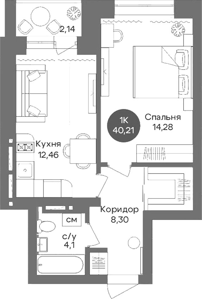 Планировка 1-к.кв 39.14 м² в ЖК «Квартал на Российской»