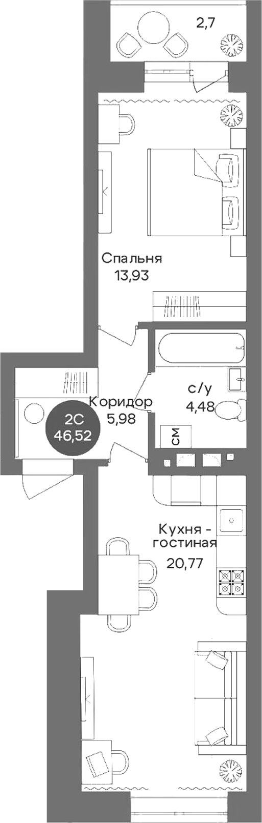 Планировка 2е-к.кв 45.17 м² в ЖК «Квартал на Российской»