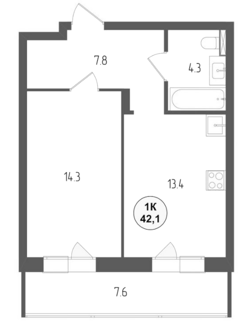 Планировка 1-к.кв 39.82 м² в ЖК «Тетрис»