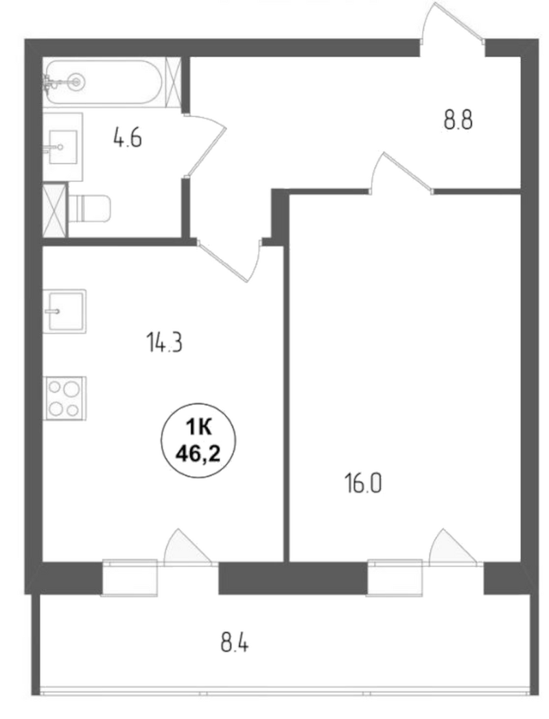 Планировка 1-к.кв 43.68 м² в ЖК «Тетрис»