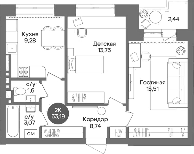 Планировка 2-к.кв 51.97 м² в ЖК «Квартал на Российской»