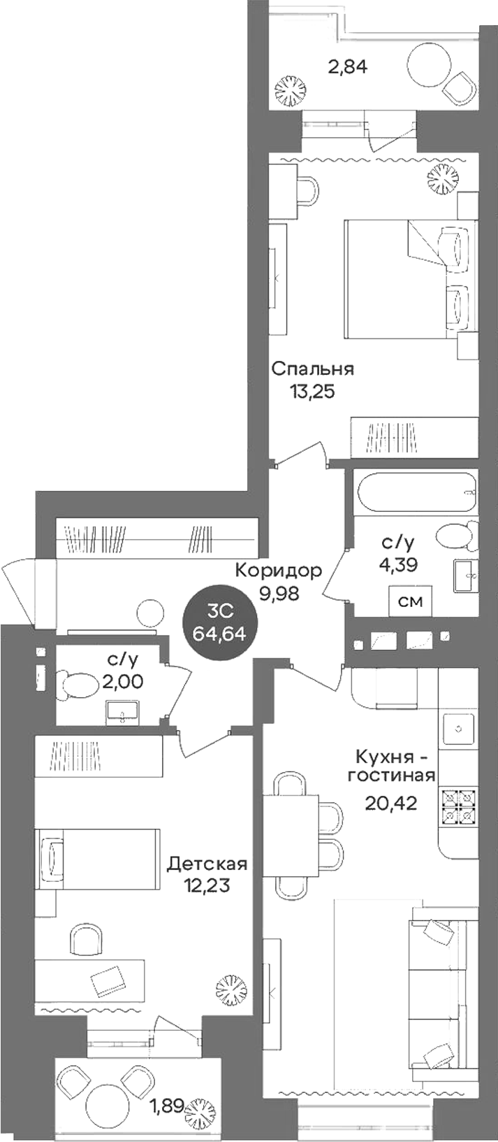 Планировка 3е-к.кв 62.27 м² в ЖК «Квартал на Российской»
