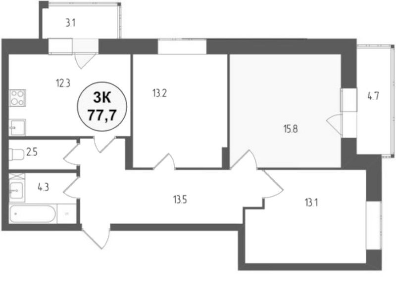 Планировка 3-к.кв 75.36 м² в ЖК «Тетрис»