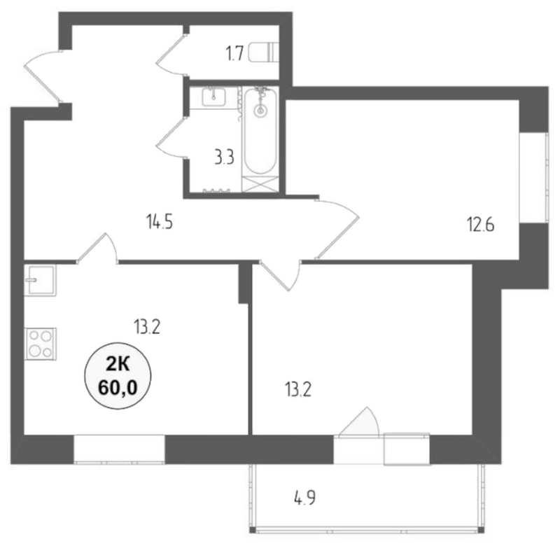 Планировка 2-к.кв 58.53 м² в ЖК «Тетрис»