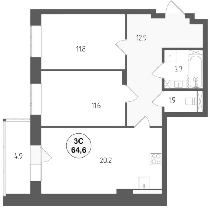 Планировка 3е-к.кв 62.15 м² в ЖК «Тетрис»