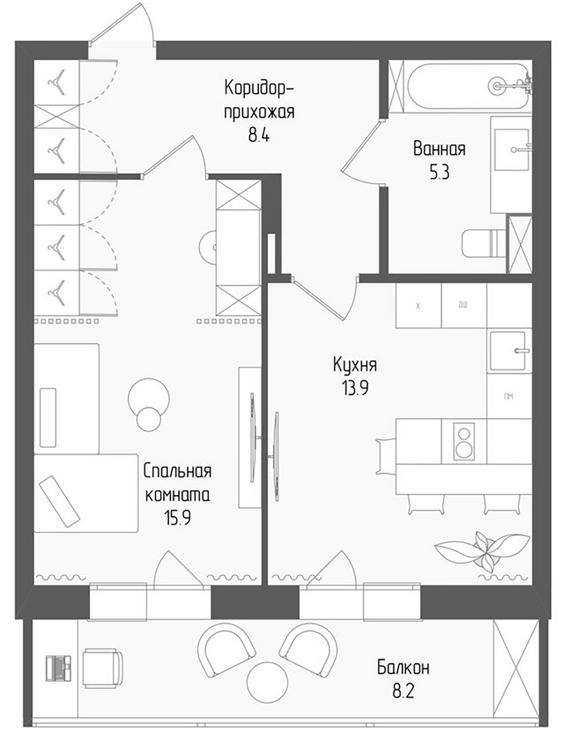 Планировка 1-к.кв 43.54 м² в ЖК «Тетрис»
