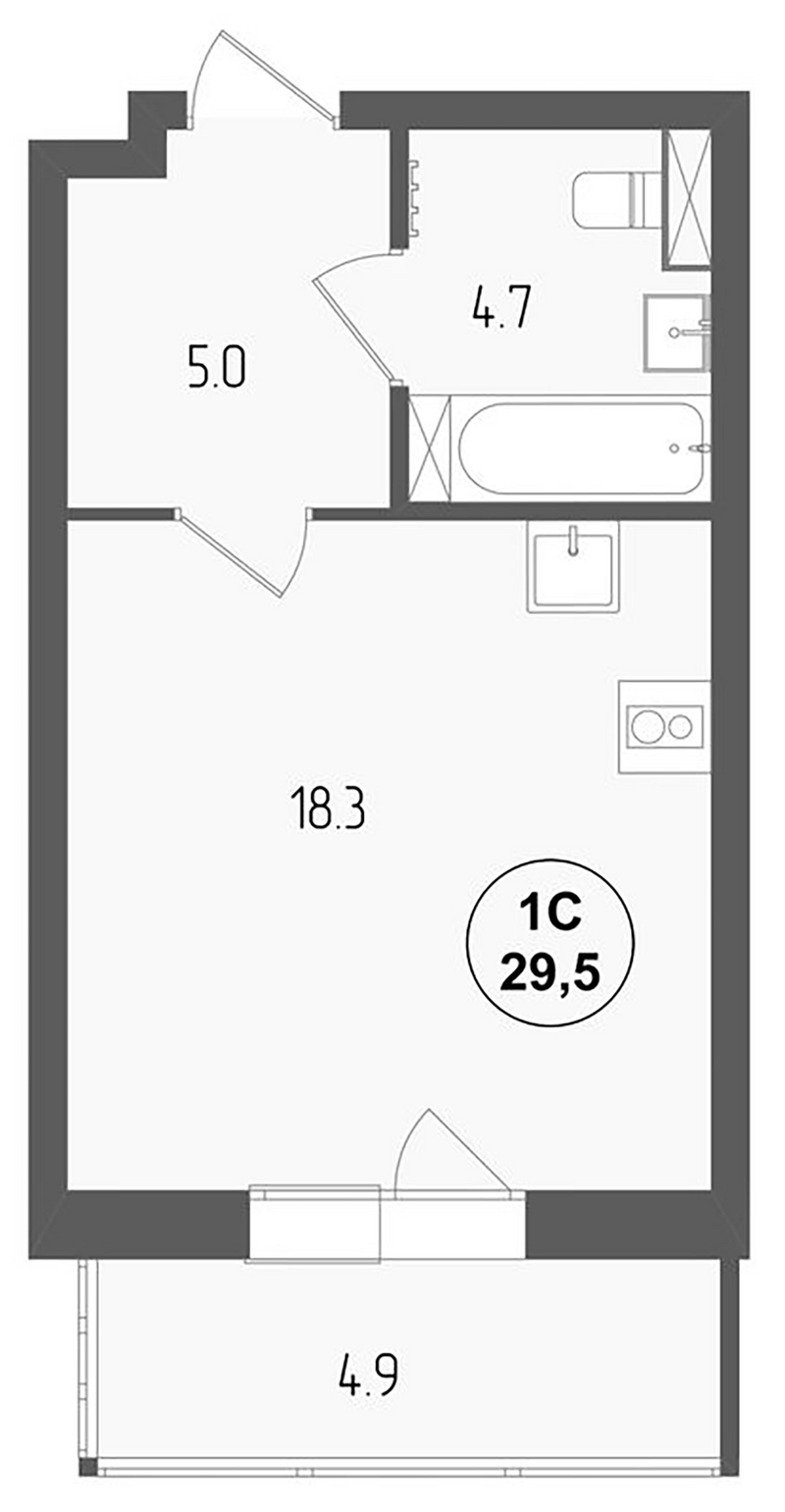 Планировка студии 28.03 м² в ЖК «Тетрис»