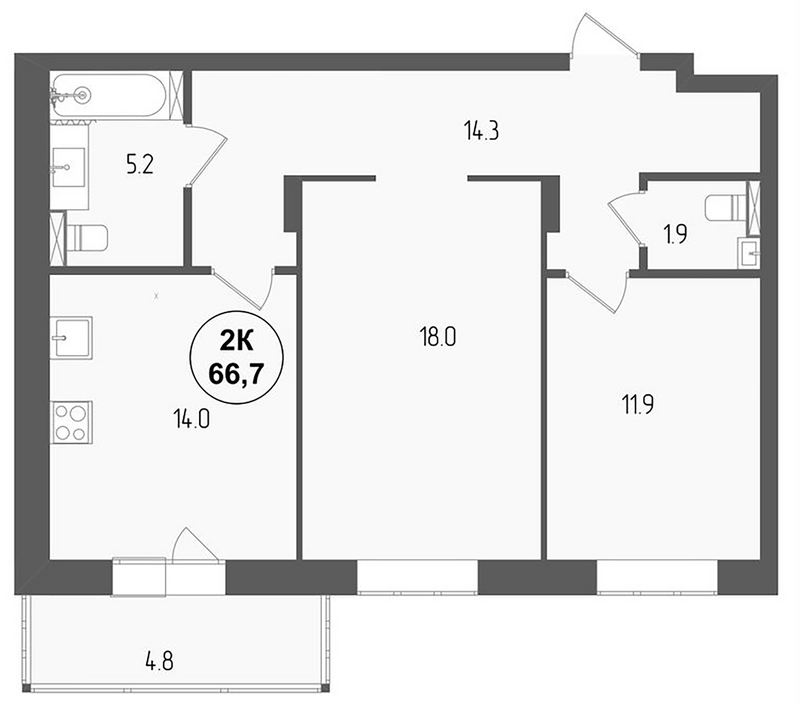 Планировка 2-к.кв 65.26 м² в ЖК «Тетрис»