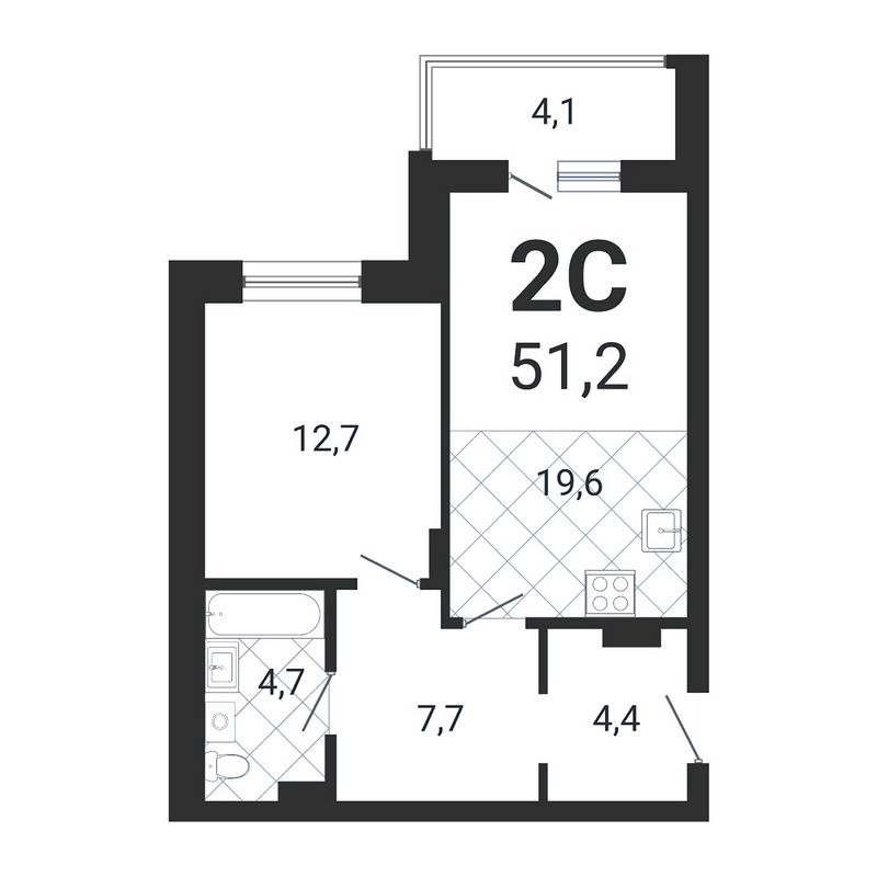 Планировка 2е-к.кв 49.55 м² в ЖК «Тетрис»